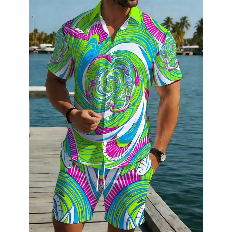 Printed Floral Shirt - Dokusuz Daire Desenli Erkek Yazlık Gömlek