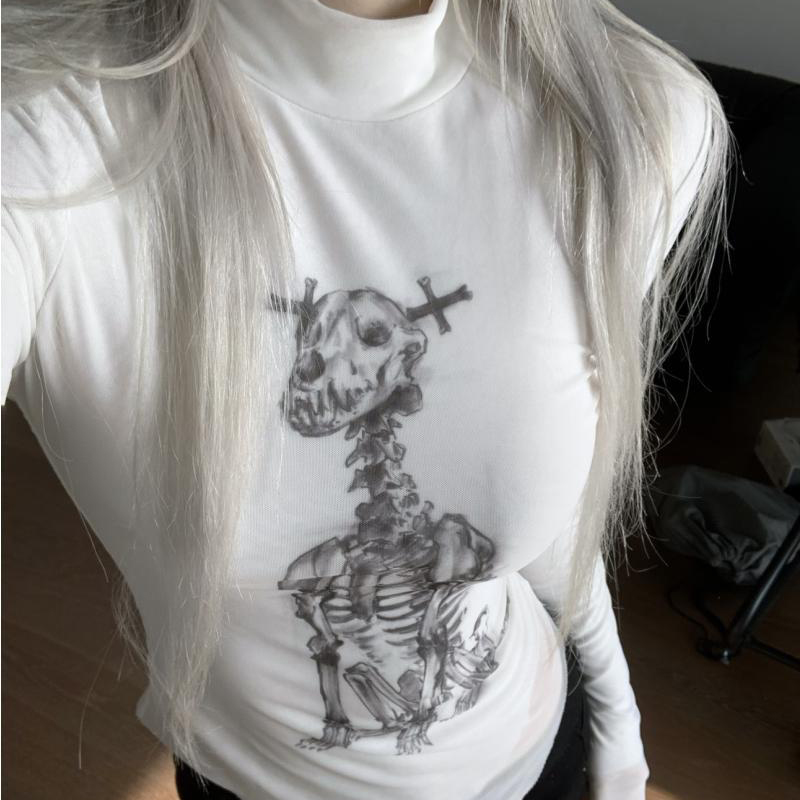 Turtleneck Knit 90S - Kafatası desenli gotik dar yaka kalp