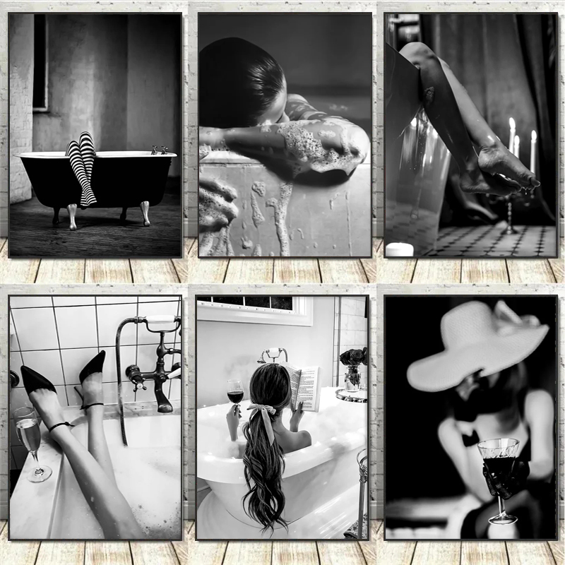 Vintage Fashion Art - Siyah ve Beyaz Kadın Banyo Tuval