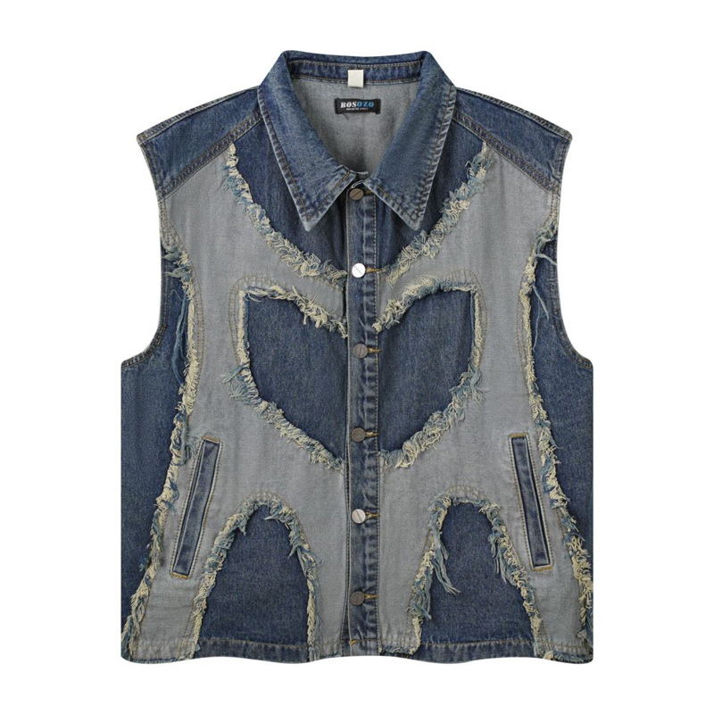 Patchwork Jean Jacket - Avrupa ve Amerikan erkek yaka detaylı