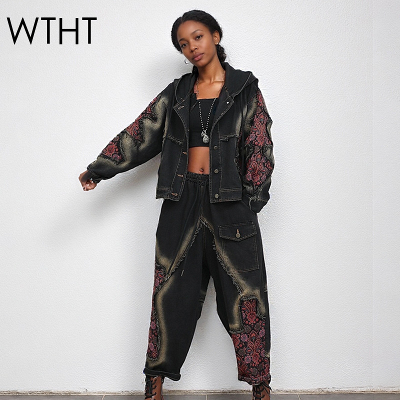 Patchwork Jean Jacket - WTHT Moda Kadın Yıkama Patchwork Uzun