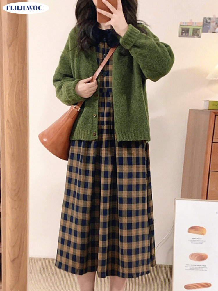 Vintage Fashion Korea - Kahve ekose elbiseler 2023 temel giyim