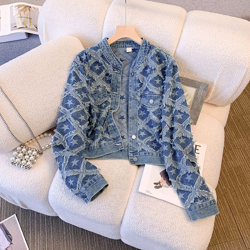 Patchwork Jean Jacket - Kadın Kot Montlar Yuvarlak Yaka Ceketler