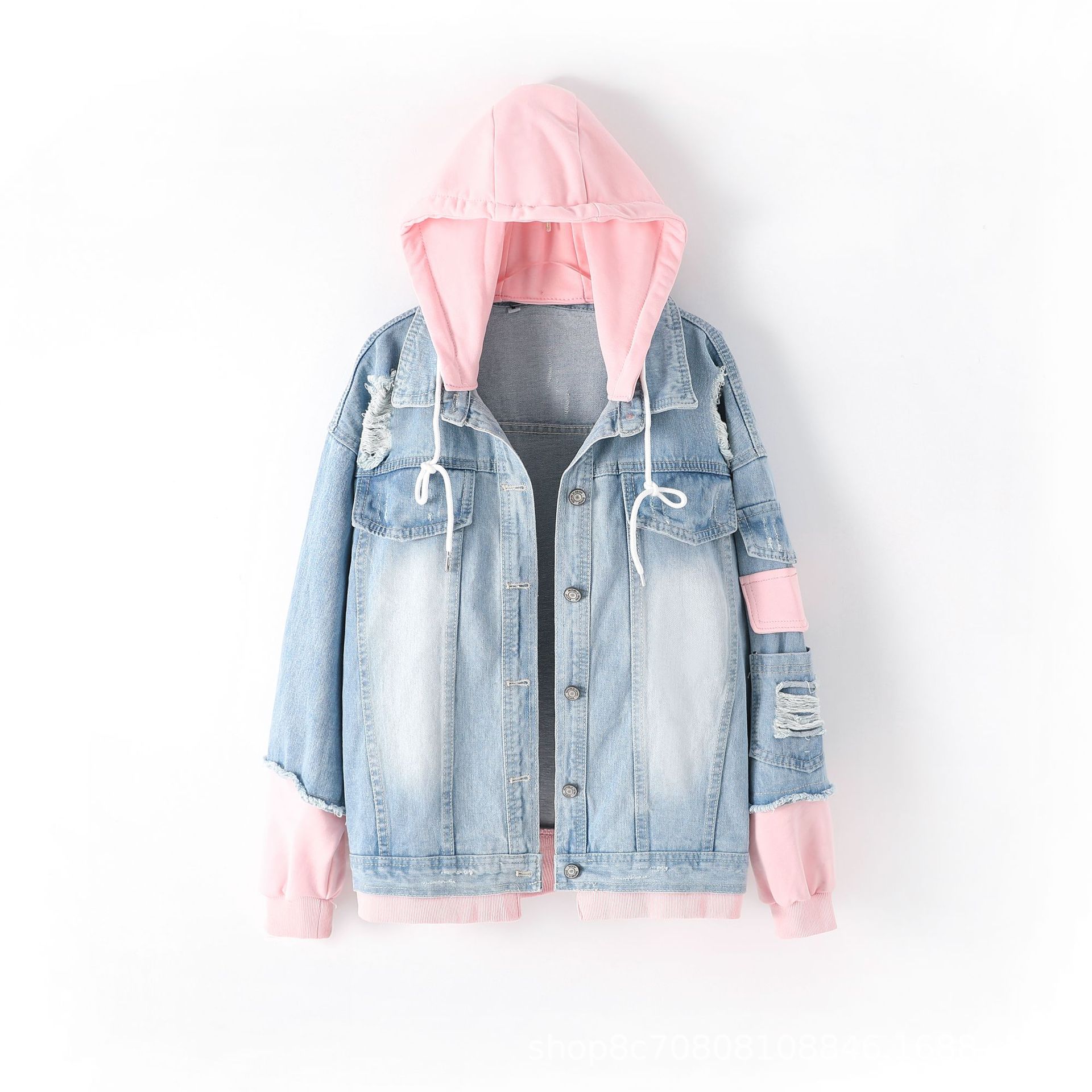 Patchwork Jean Jacket - Avrupa tarzı gevşek kapüşonlu panelleri Denim