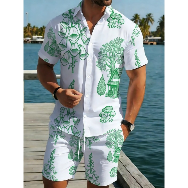 Printed Floral Shirt - Erkek Hafif Polyester Plaj Tatili Seti