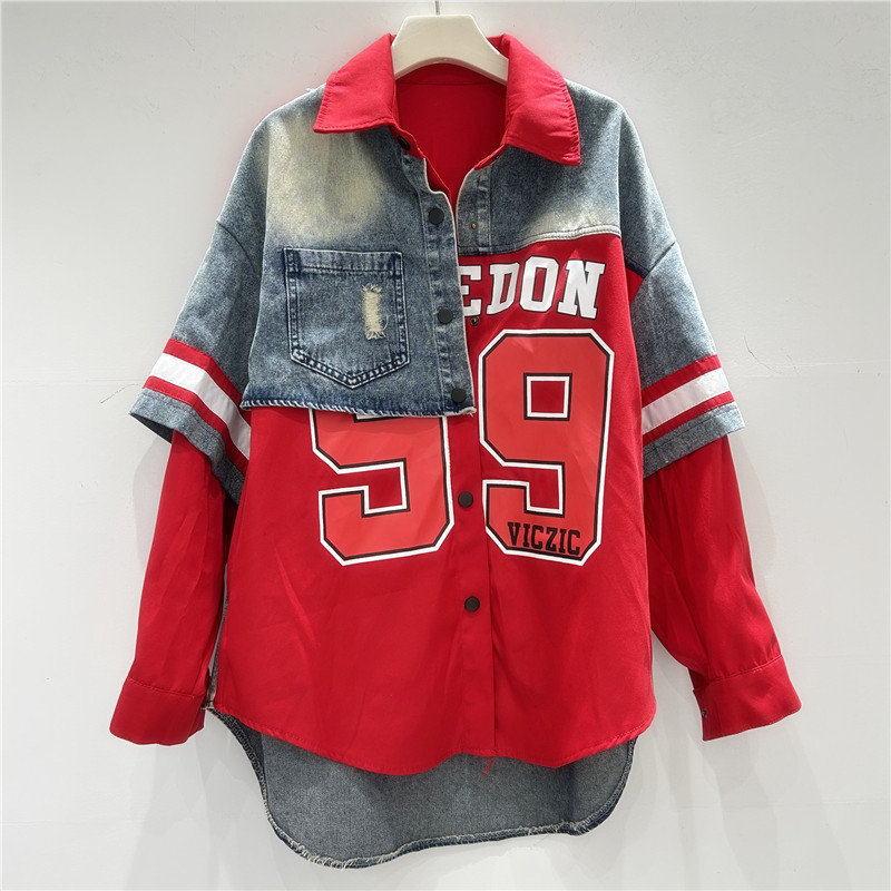 Patchwork Jean Jacket - Retro Kadın Denim Patchwork Gömlek Ceket