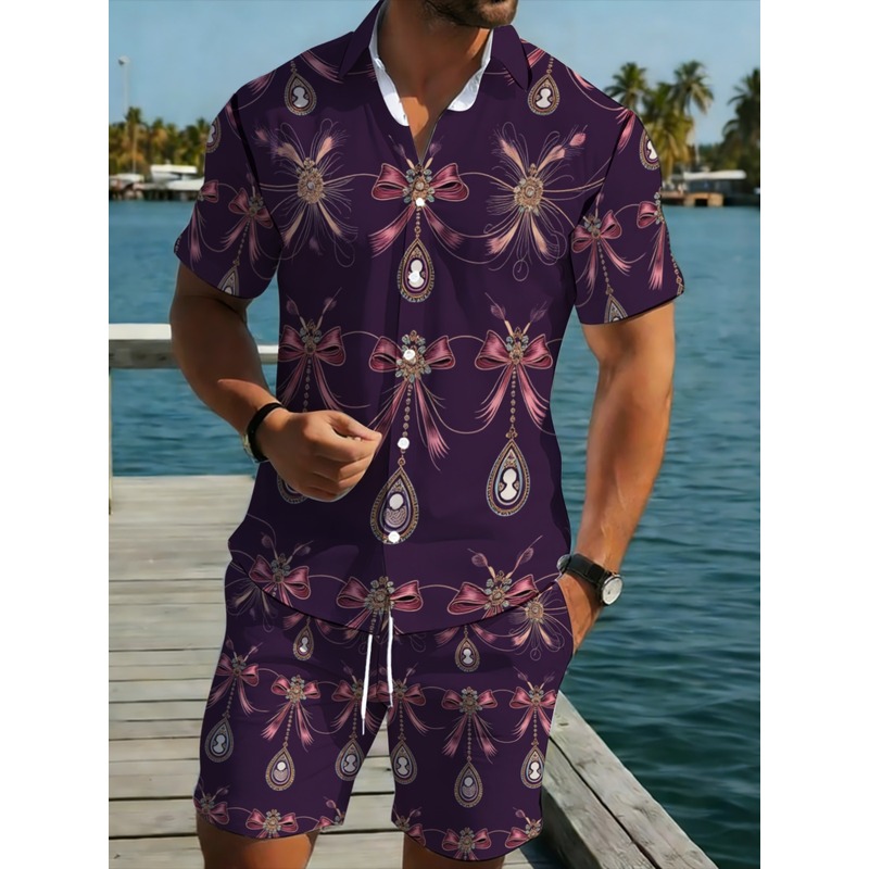 Printed Floral Shirt - Erkek Mor Çiçek Desenli Polyester Kısa