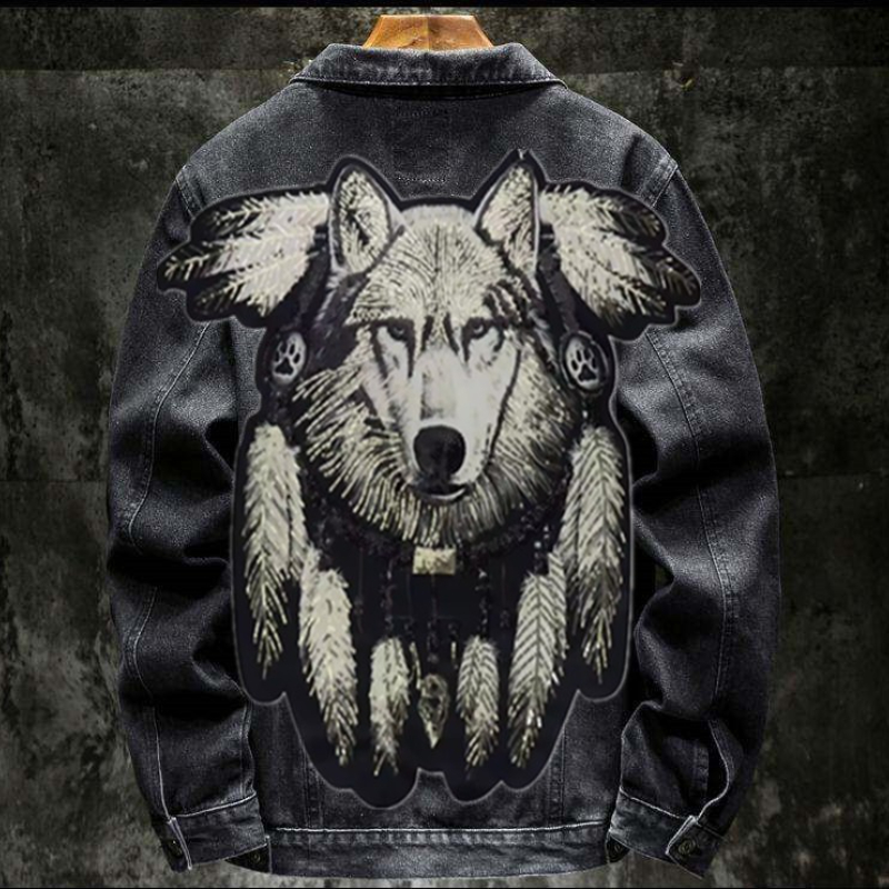 Patchwork Jean Jacket - Amerika Vintage Ağır Kurt Işlemeli Yama