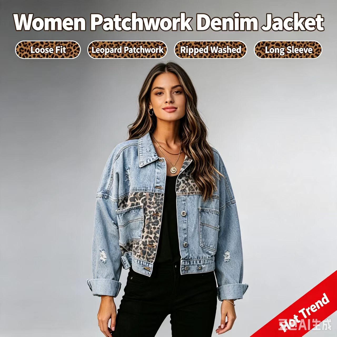 Patchwork Jean Jacket - 2026 Kadın Sokak Giyimi Leopar Desenli