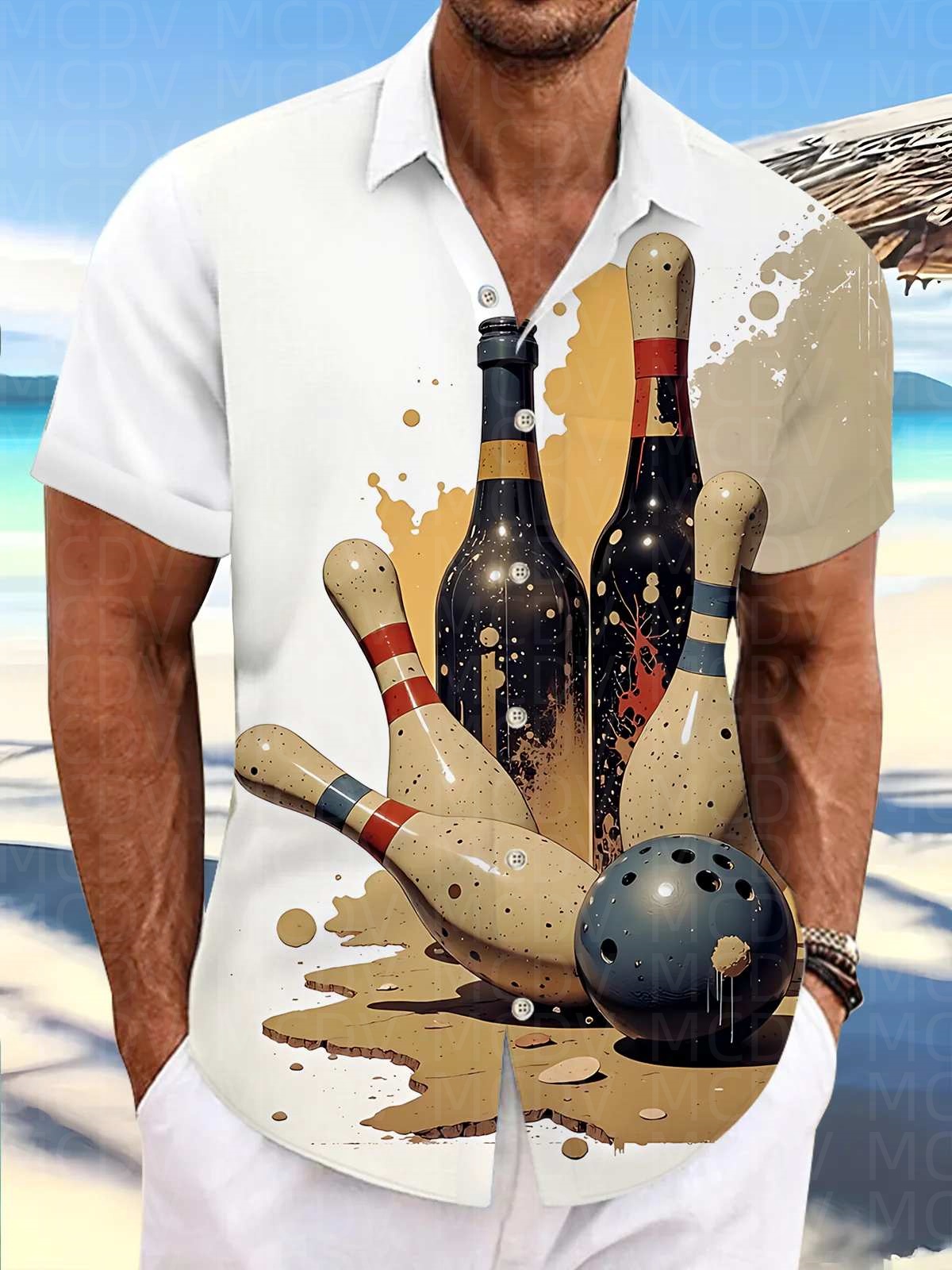 Bowling Shirt Camp - Bowling Desenli Erkek Hawaii Gömleği Esnek