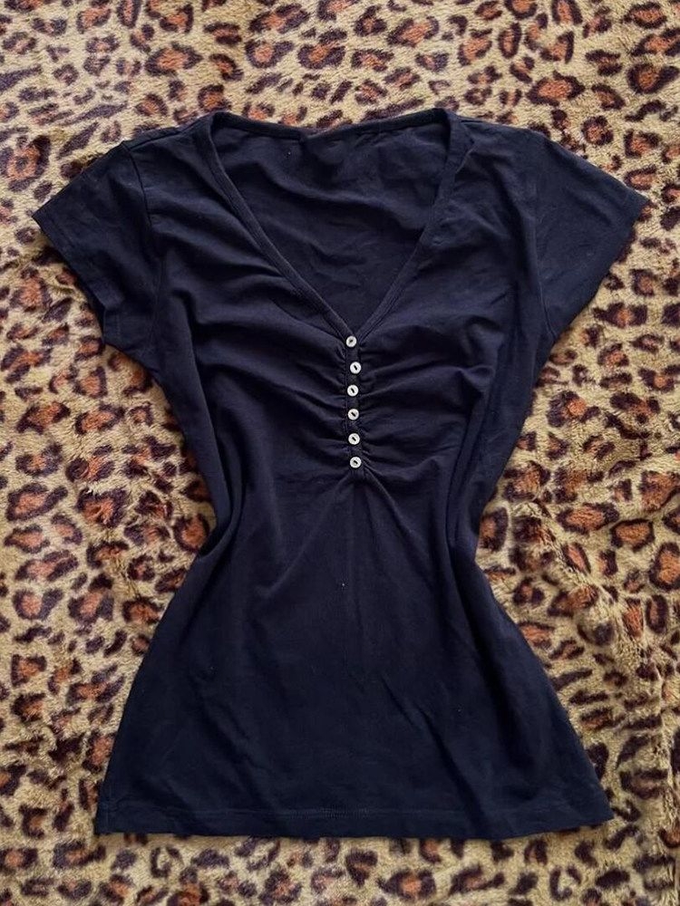 Kore Vintage Koyu Mavi T Shirt - Vintage Fashion Korea incelemesi ve fiyatı